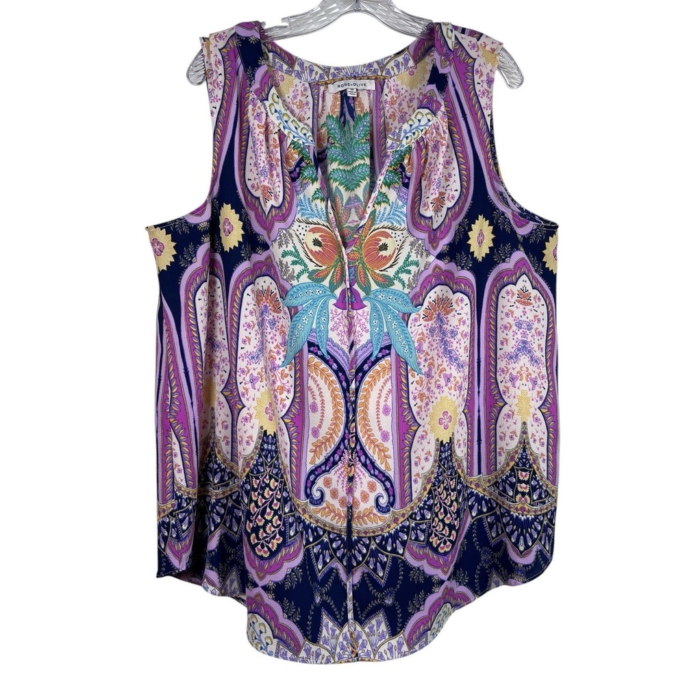 ROSE & OLIVE Sz 2X Top Multicolor Floral Sleeveless V-Neck Flowy Bright Blouse